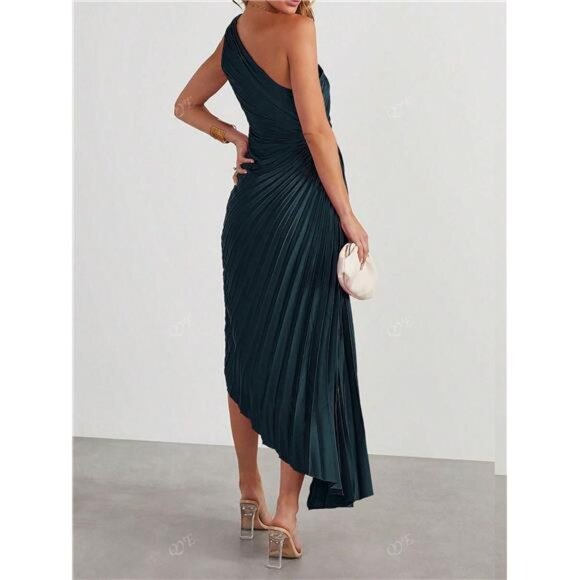 NEW - Elegant Dark Green Ruched Flare Asymmetric Shoulder Elegant Cocktail Dress - Picture 4 of 8